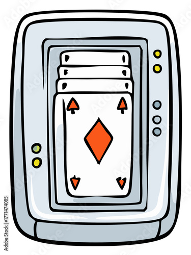 Handheld Electronic Solitaire Game with Diamond Card Cartoon Style Illustration