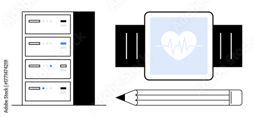 Data server tower, smartwatch with heart monitor icon, and a pencil highlighting technology, healthcare, and creative concepts. Ideal for innovation, healthcare, data processing, connections