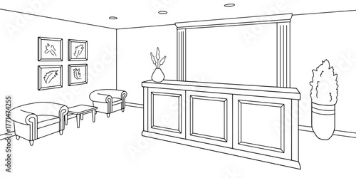Reception in the office room graphic black white interior sketch illustration vector 