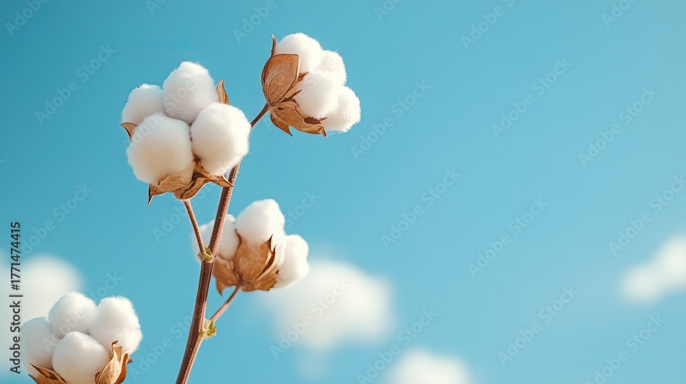 Naklejka premium A vast cotton field in bloom under a clear blue sky showcasing the beauty of nature and the potential for textile design