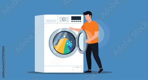 Man doing laundry at home with modern washing machine, simplifying chores for a fresh start, promoting cleanliness and efficient routines