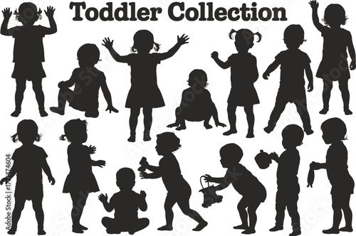 Toddler silhouettes vector collection cute kids playing activity editable vector