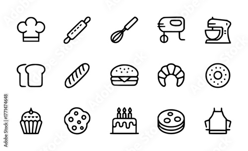 Baking and Pastry Icons Chef Hat, Mixer, Bread, Cake, and More