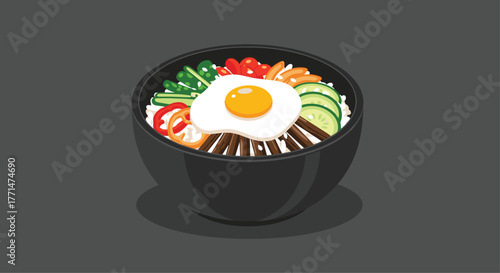 Vibrant Korean bibimbap with egg, rice and vegetables in a black bowl, perfect for healthy food blogs and food photography projects