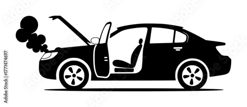 Black Silhouette of a Broken Down Car with Smoke and Open Door
