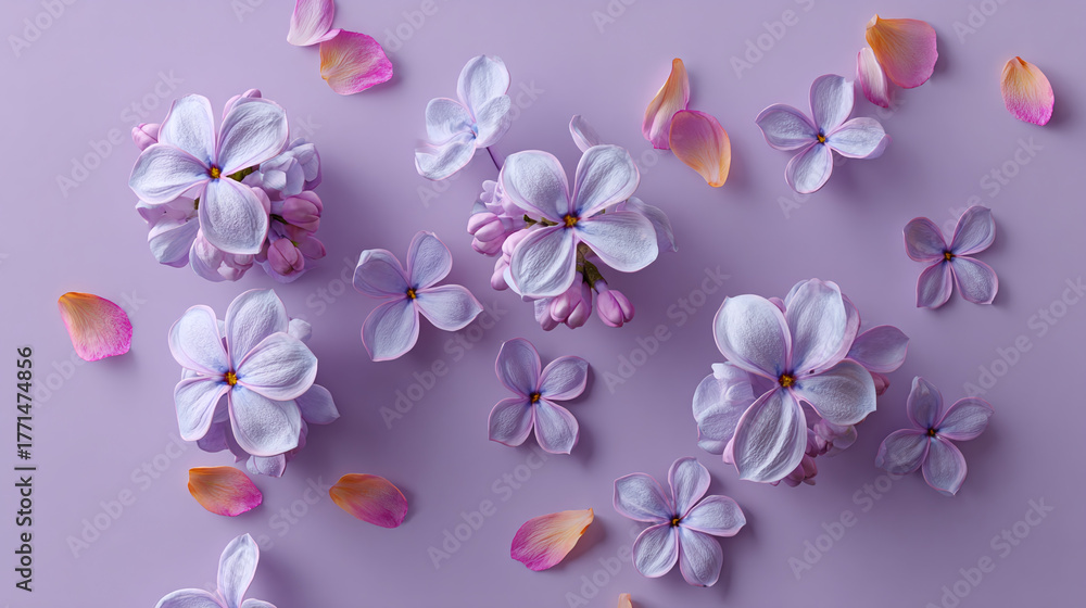 Fototapeta premium Delicate purple lilac flowers and petals scattered across a matching surface, creating an elegant floral arrangement. The light evokes a sense of freshness and serenity.