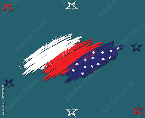 Abstract USA flag brush stroke design with stars, Patriotic American flag paint texture background, Creative red white blue flag art illustration with stars