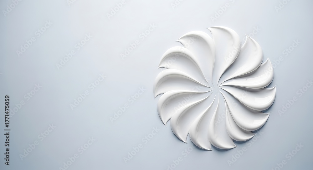 Obraz premium Swirls of white cream arranged in a circular pattern on a light gray background, creating a smooth and elegant texture, isolated on white background