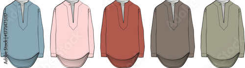 Collection of five casual shirts in pastel and earthy tones, displayed side by side
