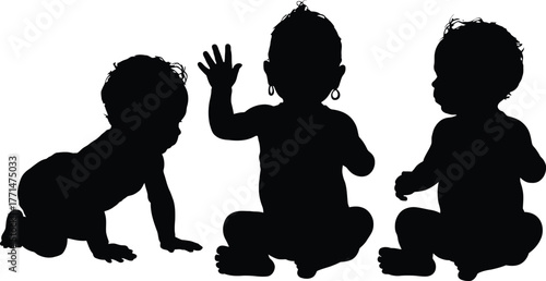 Baby silhouette images black and white infant toddler development editable vector