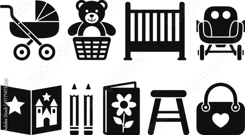 Baby items vector set nursery icons baby toys and baby furniture editable vector