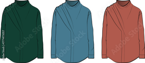 Set of technical fashion flat sketches for a women's long-sleeve blouse with an elegant draped front detail in various colorways