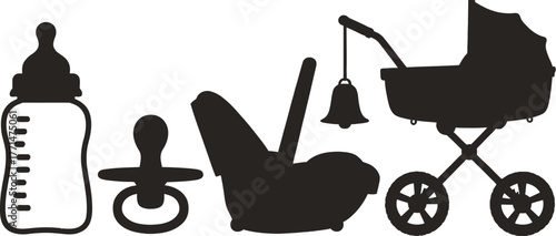 Baby essentials vector illustration baby bottle pacifier and stroller editable vector