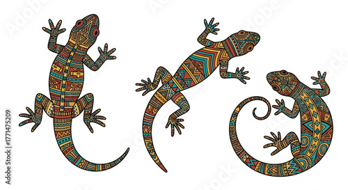 Colorful vibrant lizards with tribal patterns add unique flair to your designs - perfect for exotic themes and eye catching creations