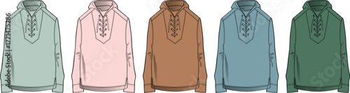 Collection of five long-sleeve, lace-up V-neck shirts in diverse colors, rendered as technical fashion flats for apparel design and costume development