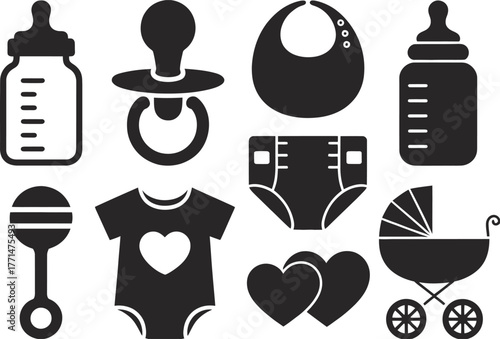 Collection of essential baby care items and toys, symbolizing new life and parenthood.