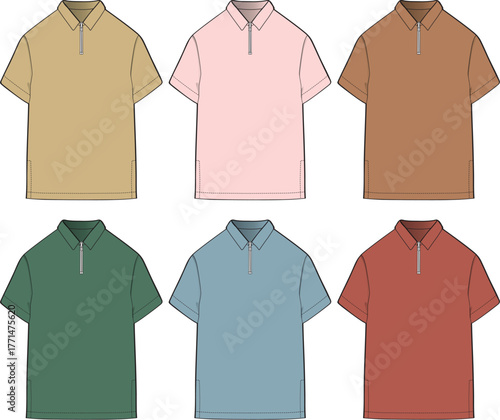 Set of colorful short sleeve polo shirts with zipper closure. Vector fashion flat sketch templates for apparel design and casual menswear mock-ups