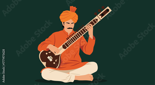 Traditional Indian musician playing sitar with passion wearing vibrant turban and kurta, perfect for cultural events or world music promotions