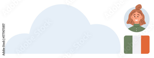 Female avatar portrait next to large cloud and Irish flag. Ideal for identity, connectivity, online profiles, cloud storage, nationality, personalization, or social networking themes. Simple flat