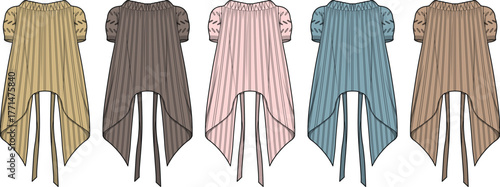 Fashion illustration of a women's contemporary tunic blouse with short ruffled sleeves and an asymmetrical hem, in five colors, ideal for garment design templates