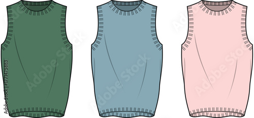 Three sleeveless knitted tops in different pastel colors