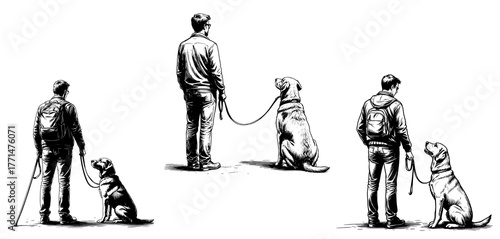 A blind man in a jacket stands next to a guide dog, black and white sketch. Vector illustration. A rescue dog and a disabled person, set isolated on a white background.