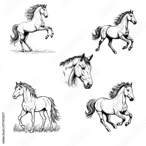 Horse, set of silhouettes of a running and rearing animal, black and white sketch. Vector illustration. Graceful steed, isolated on a white background.