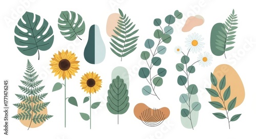 Modern floral flat lay with sunflowers, daisies, and monstera leaves for a vibrant, contemporary feel, perfect for branding and spring designs