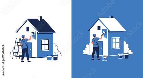 Professional painter revitalizing home exterior with fresh blue paint for modern curb appeal and property value boost - home improvement project