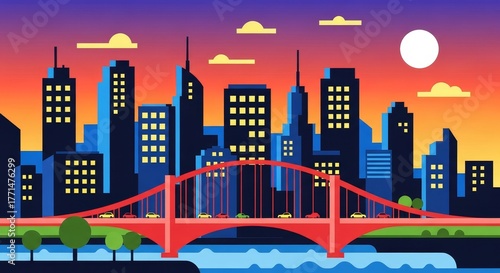 Stunning city skyline at sunset, bridge view with colorful urban landscape, perfect for modern design projects and creative marketing campaigns