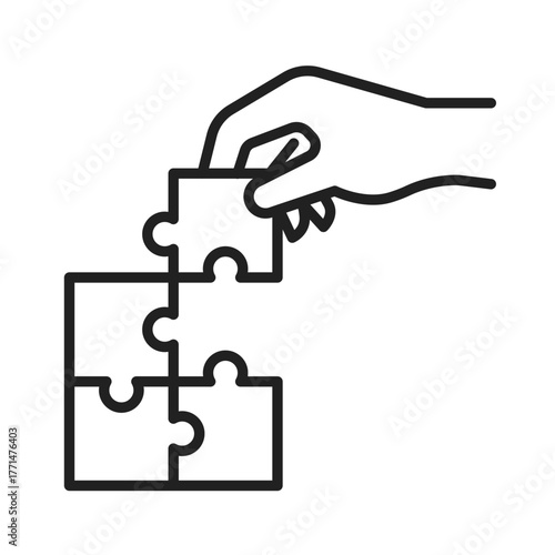 Hand placing puzzle piece icon, minimal line style