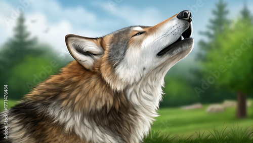 Majestic wolf howling at the sky in a lush green forest
