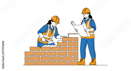 Empowered women builders constructing brick wall with architectural plans, showcasing teamwork and expertise in the construction industry
