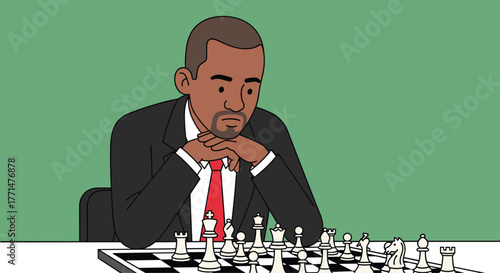 Thoughtful businessman contemplating strategic chess move in challenging competition showing intellect and strategy for corporate success