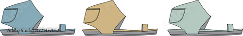 Stylized illustration of three comfortable flat sandals in diverse colors, including blue, beige, and green. Perfect versatile summer footwear for casual fashion