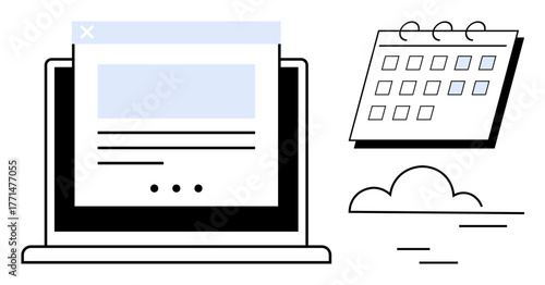 Laptop displaying a pop-up window beside a calendar and cloud elements. Ideal for scheduling, productivity, workflow, planning, organization, remote work, time management. Simple flat metaphor