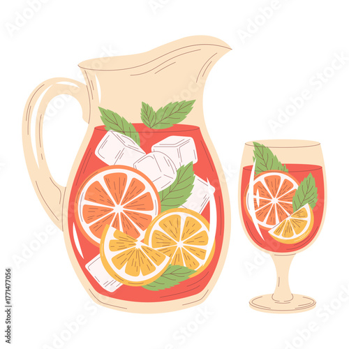 Fresh spanish Sangria vector illustration. Hand drawn flat style design, cocktail in glass and jug with red wine, citrus slices, orange and lemon, mint leaves, ice. For summer bar menu, party
