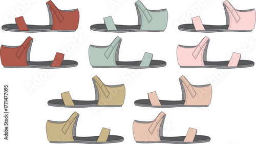 Vibrant assortment of women's comfortable flat sandals in a range of trending hues, ideal for spring and summer fashion collections and footwear design concepts and retail catalogs