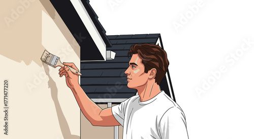 Skilled homeowner paints exterior wall with care, adding value and curb appeal to his beautiful home, engaging in property improvement project