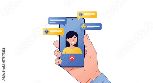 Hand Holding Smartphone with Person in Video Call and Chat Bubbles