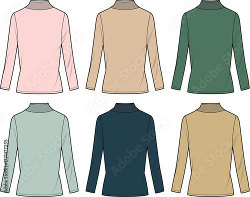 Collection of six flat vector fashion illustrations depicting women's long-sleeve turtleneck tops in various solid colors, suitable for design and technical specification documentation