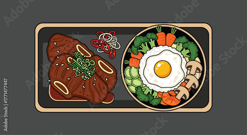 Delicious Korean BBQ Galbi and Bibimbap Bowl Ready to Eat, a Delightful Food Illustration for Asian Cuisine Lovers