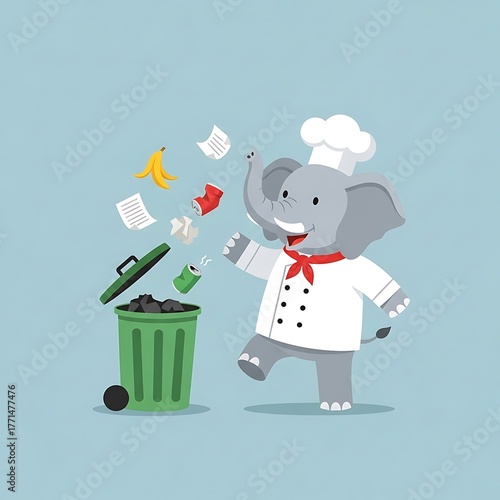 An animated elephant in a chef's uniform happily discards trash into a green bin. Debris like paper and a banana peel are airborne