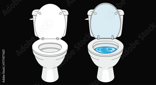 Compare clean toilets with water, ideal for plumbing ads, bathroom renovation designs, or promoting hygiene products in a modern, minimalist style