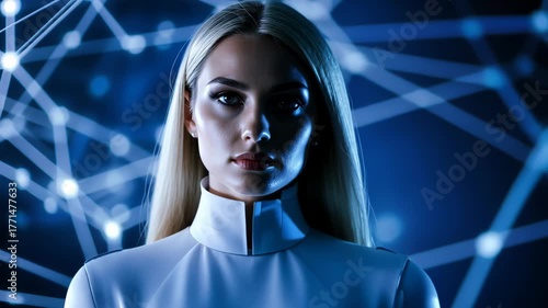 Futuristic blonde woman explores a digital universe with glowing connections and advanced technology