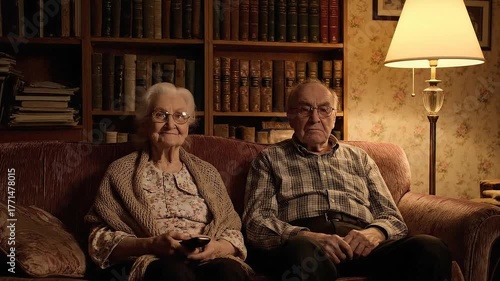 Elderly Couple Watching Television Together in Living Room Setting with Bookshelf Lamp and Floral Wallpaper Pattern Comfortable