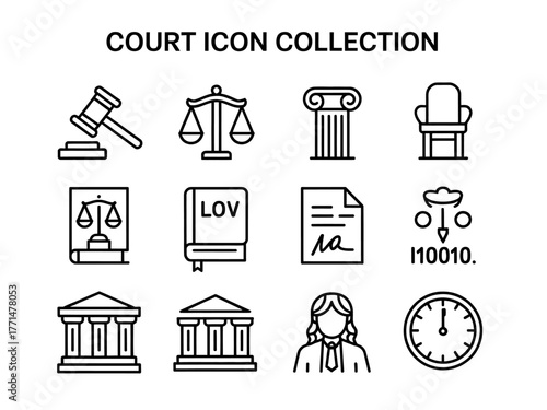 Court and Law Icon Collection Representing Justice Legal System and Judiciary Outline Vector Design