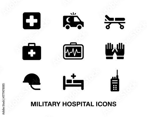 Military Hospital Icon Set in Black Silhouette Illustration Healthcare Medical Support and Army Emergency Services for Medical Professionals