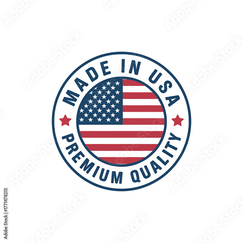 Made in USA premium quality label featuring American flag stars and stripes inside a circle for product marketing and advertising