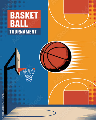 Dynamic Basketball Tournament Illustration with Fast Moving Ball and Court Design for Sports Events and Advertising